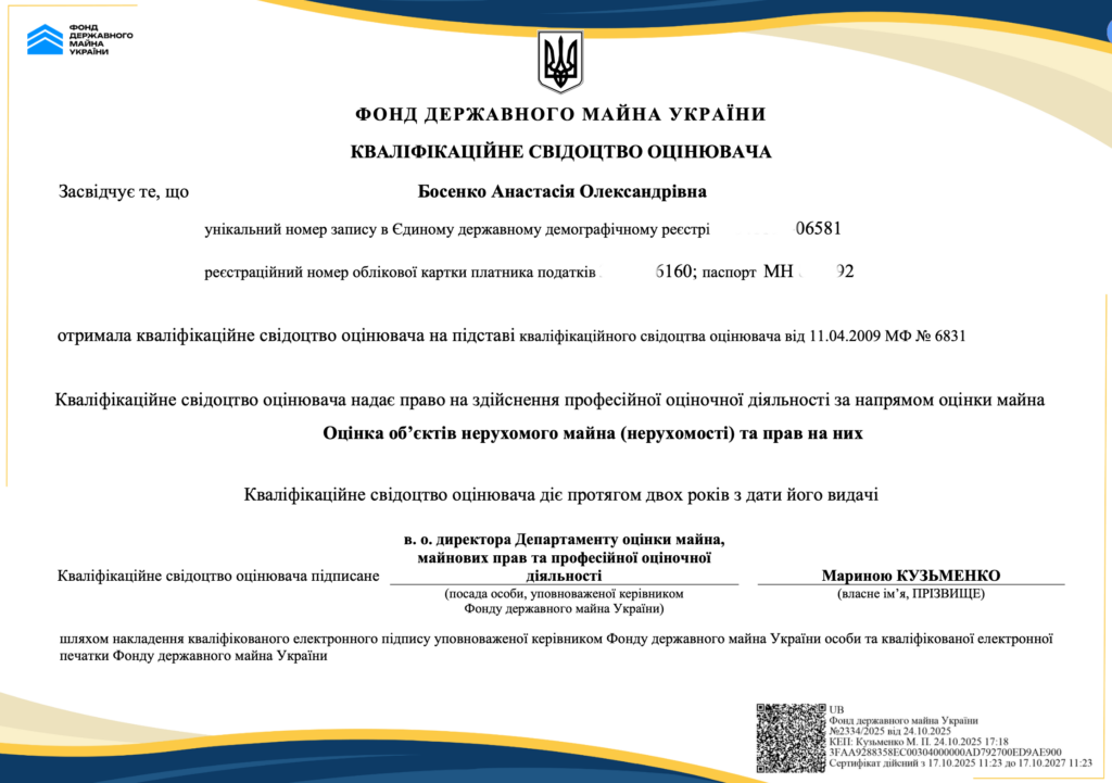 Анастасія Босенко - оцінка нерухомого майна (нерухомості)