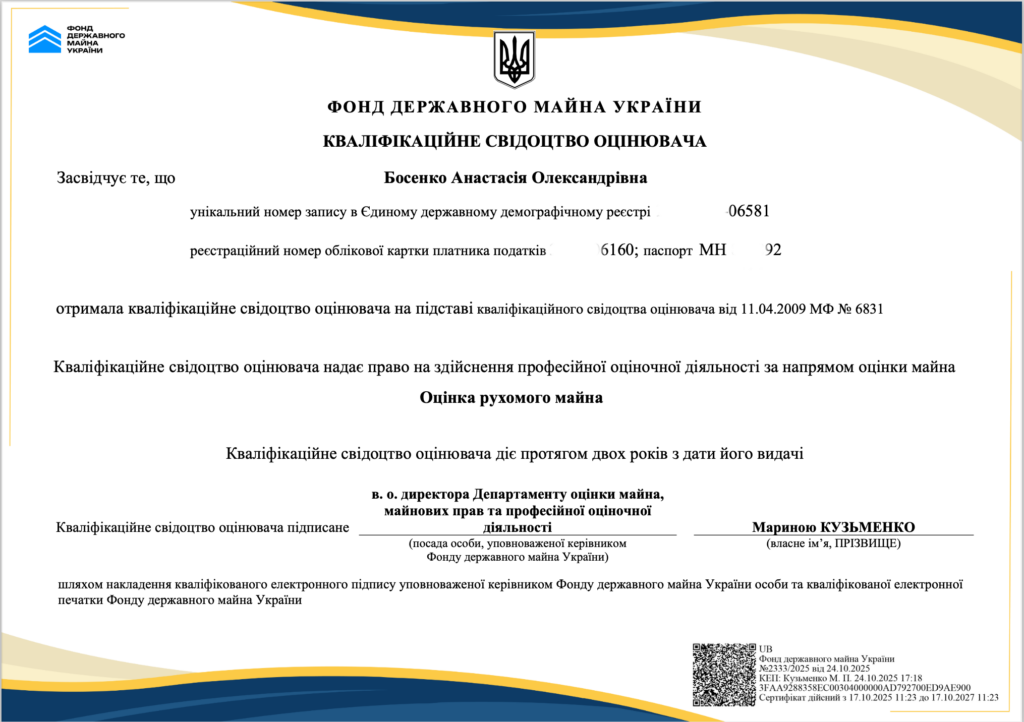 Анастасія Босенко - оцінка рухомого майна