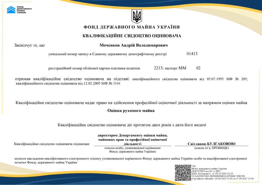 Андрій Моченков - оцінка рухомого майна